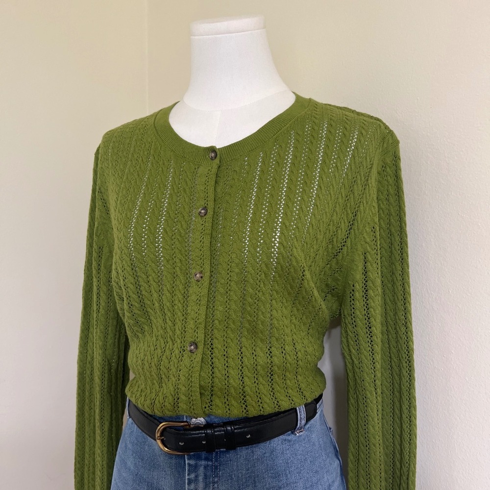 Gap Green Pointelle Cable Knit Button Front Cardigan Sweater Crew Neck Large - Picture 2 of 7